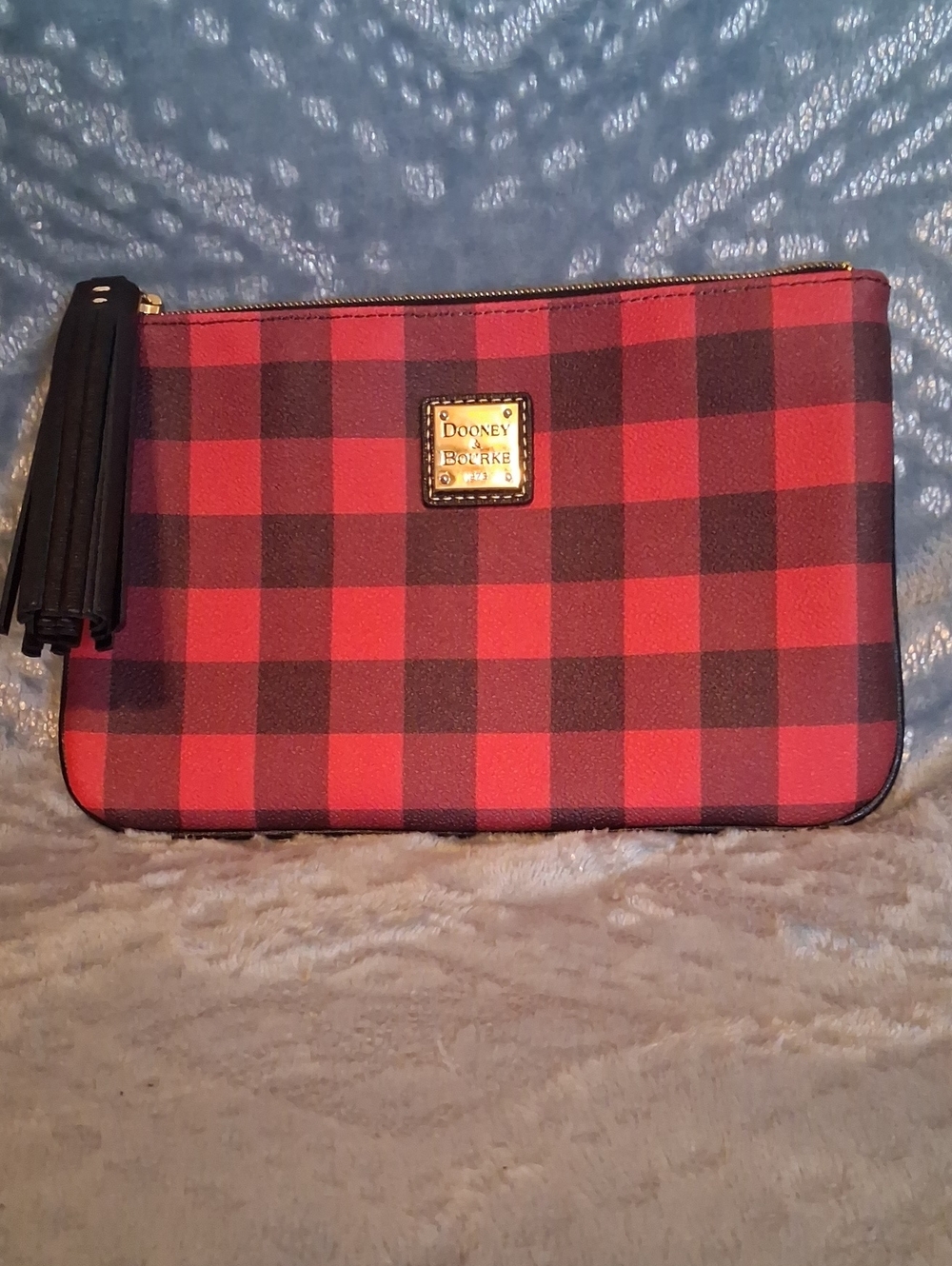 Dooney & Bourke Red and Black Buffalo Plaid Wristlet with Tassel